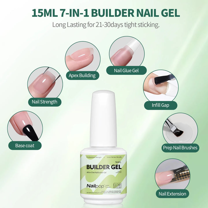 Nailpop Builder Nail Gel 4 Colors Base Coat Strengthener Thickening Extension Rhinestone Glue Gel Polish Brush in Bottle 15ml