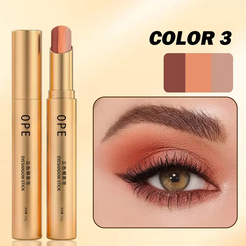 Three-Color Eyeshadow Stick, Shimmering Highlighter Eyeshadow Stick, Waterproof and Long-Lasting Pearlescent Metallic Eyeshadow