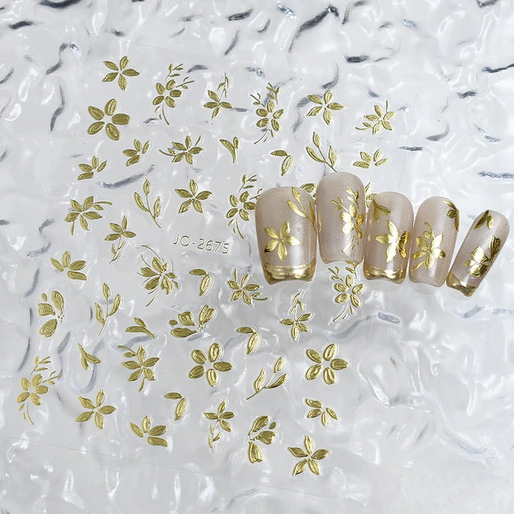 Vintage Golden Foil Nail Art Stickers - Embossed Peony Flower & Jade Leaf Design, Self-Adhesive, Single Use