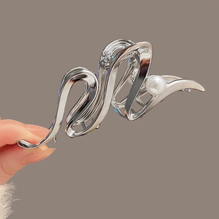 Korean Style Gold Silver Color Big Metal Pearl Waves Geometric Hair Claw for Women Accessories Crab Clamp Clip Headwear Jewelry