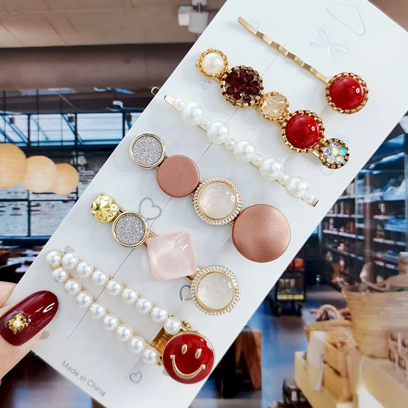 8Pcs/Set Pearl Crystal Acrylic Hair Clips Set For Women Retro Geometric Barrettes Hairpin Girl Hair Accessories Fashion Jewelry