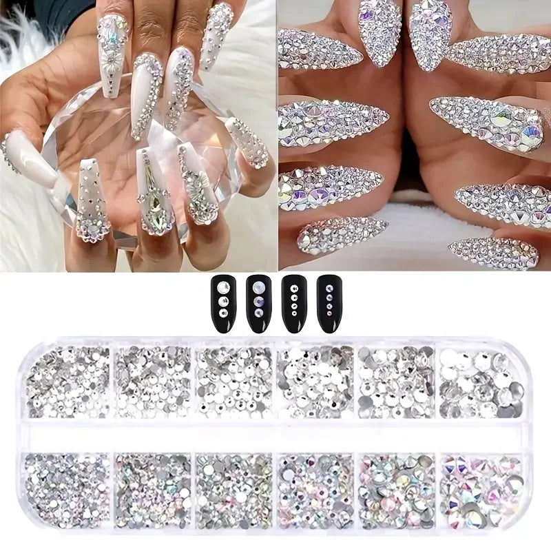 Boxed 3D Flat Back Nail Rhinestones Nail Gems Glass AB & Clear Crystal Rhinestones Kit Nail Art Charms DIY Manicure Accessories