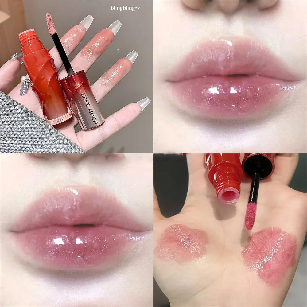 Crystal Nude Gray Glossy Lip Stain Mirror Korean Lip Glaze Sheer Nude Glitter Lip Tint Watery Shine Plumping Lipgloss Cosmetics