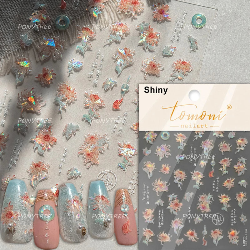 Flowers Blooming Cherry Blossom Sakura Living Peach Branch 5D Soft Relief Spring Adhesive Nail Art Sticker Chic Manicure Decals