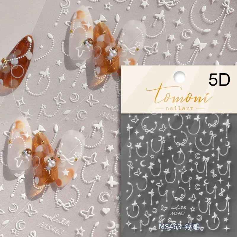 1pcs White 5D Pearl Lace Wave Lines Nail Art Stickers Elegant Exquisite Nail Decoration Decals DIY Self Adhesive Transfer Slider