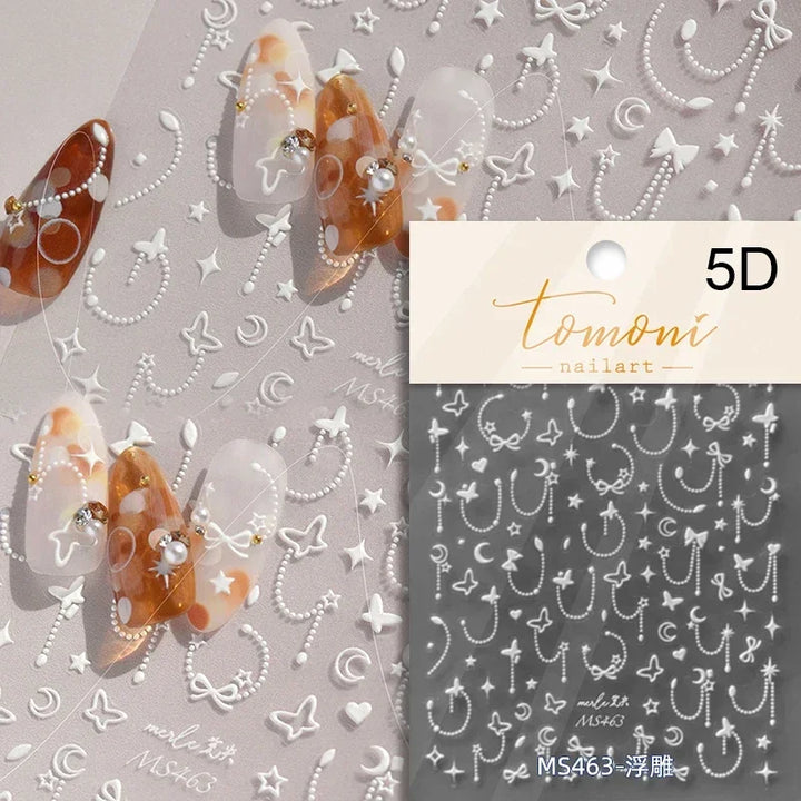 1pcs White 5D Pearl Lace Wave Lines Nail Art Stickers Elegant Exquisite Nail Decoration Decals DIY Self Adhesive Transfer Slider