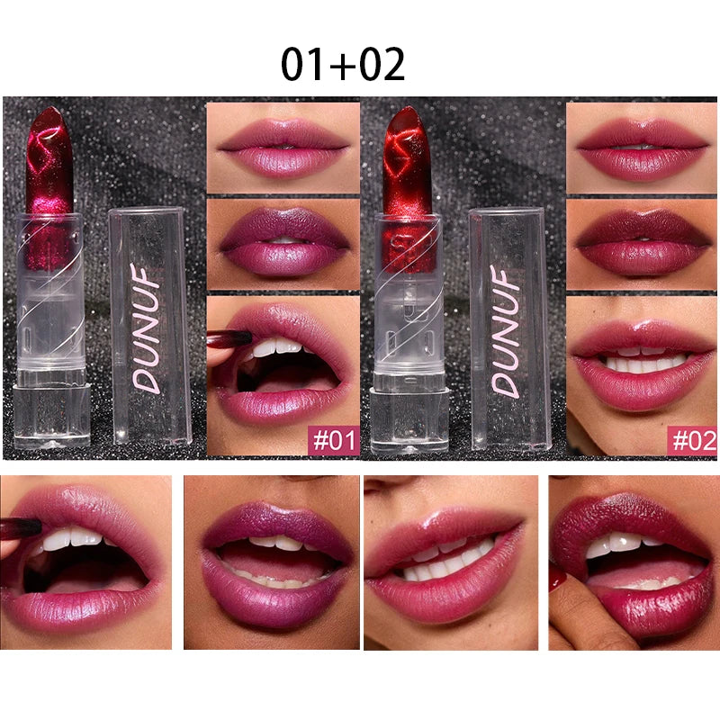2pcs Moisturizing Cat Eye Lipstick Mirror Glitter Metallic Lipstick Diamond Pink Pearl Sparkling Lip Gloss Color Changing Lips