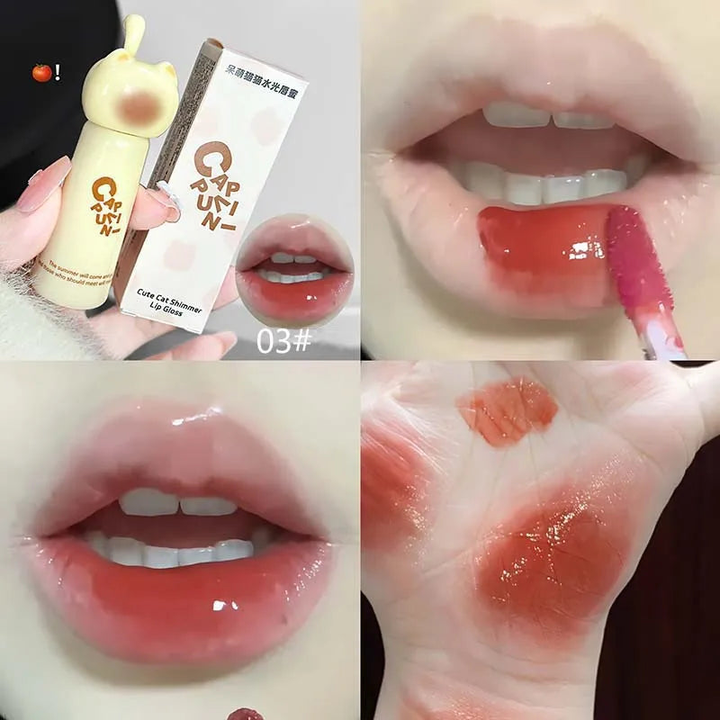 CAPPUVINI Cute Cat Water Mirror Lip Gloss Lasting Moisturizing Rose Apricot Pink Tint Lip Glaze Nude Lipstick Korean Makeup Girl