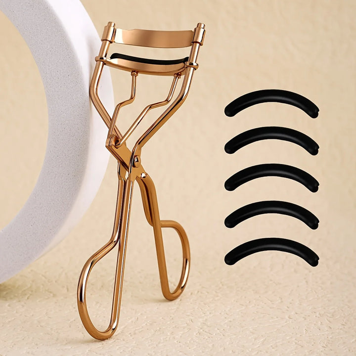 1 portable eyelash curler with 5 silicone pads, stainless steel eyelash curler, permanently shaping big eyes.