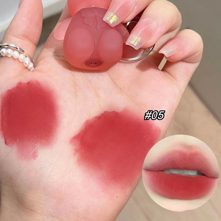 Cute Bear Keychain Velvet Mist Lip Glaze Waterproof Lasting Matte Lipstick Orange Lips Tint Women Dupes Korean Makeup Cosmetic