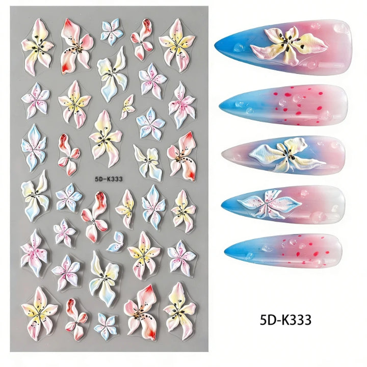 5D Embossed Green Vine Floral Nail Stickers - Matte Finish Self-Adhesive Nail Art Decals with Cartoon-Style Flowers