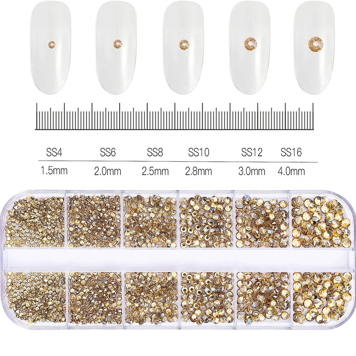 1.5mm-5mm Champagne Glass Crystal Nail Art Gems 12grids Flatback SS4-SS16 Mixed Nail Art Rhinestone Non-Hotfix Diamond Nail Deco