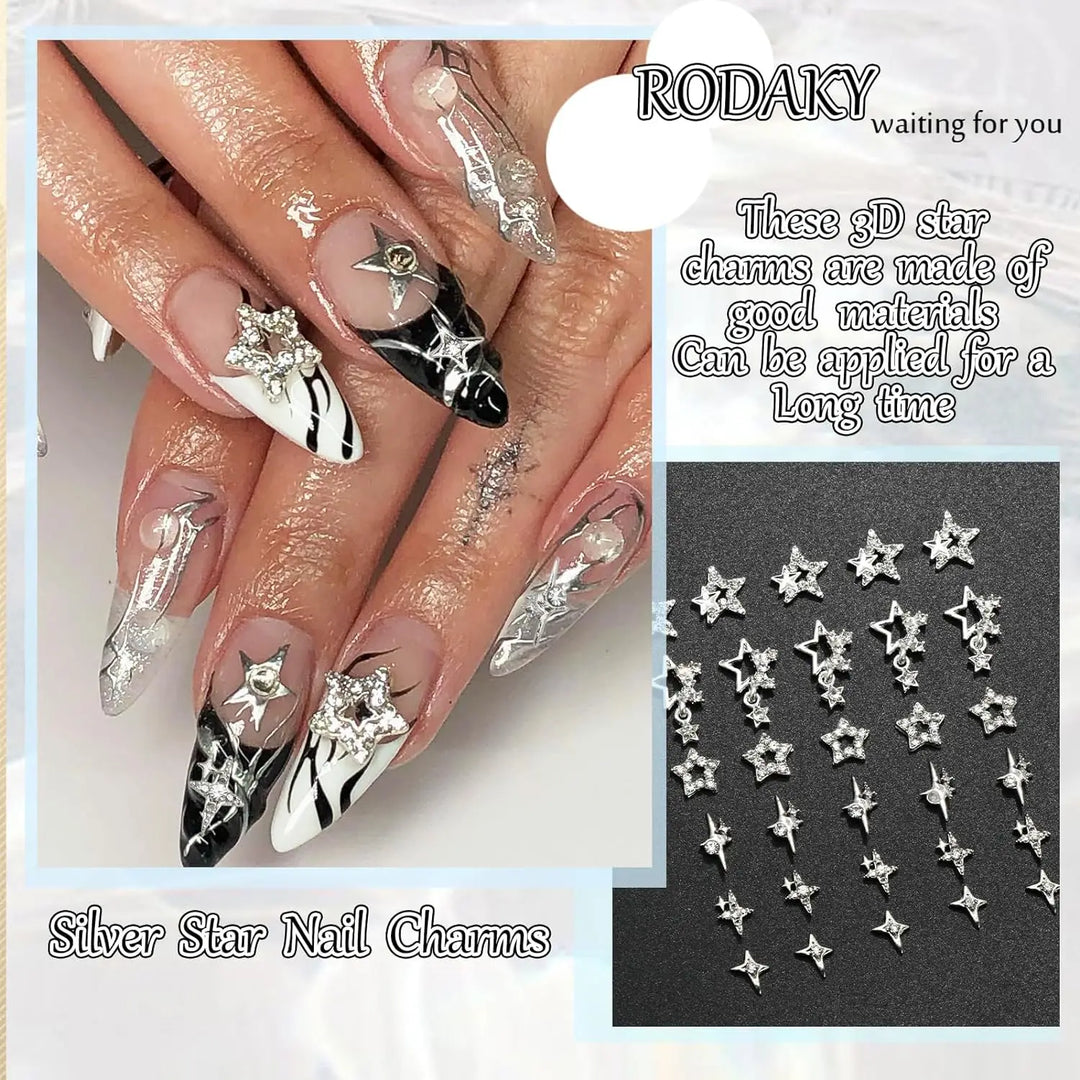 30PCS Silver Star Nail Charms Shiny 3D Stars Nail Gems Starlight Nail Jewelry Y2K Charms for Acrylic Nails Decoration Met