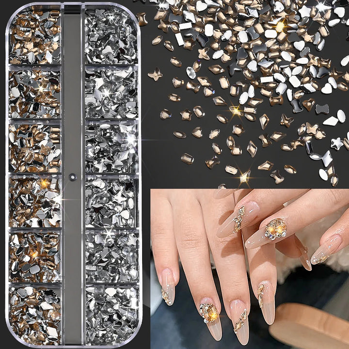 12Grids Ocean Gold Nail Art Charms Shell/Seahorse/Starfish White Half Round Pearl Gems 3D Mixed Punk Manicure Metal Rivets Studs