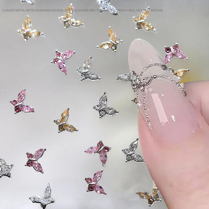 10pcs Mini 4*5mm Crystal Butterfly Nail Art Charms 3D Diamond Jewelry Parts Pink Clear Metal Manicure Decoation Rhinestones Gems
