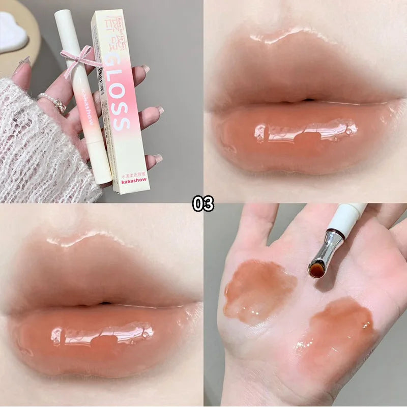 Kakashow Mirror Watery Lip Gloss Iron Brush Head Jelly Lipgloss Moisturizing Lip Tint Lipstick Nature Nude Lips Makeup Cosmetics