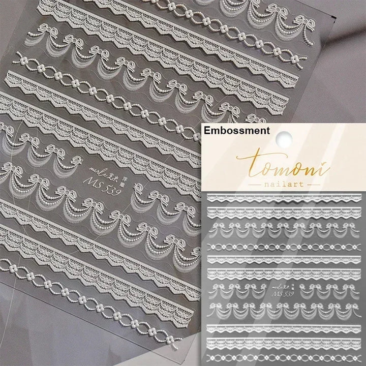 1pcs White 5D Pearl Lace Wave Lines Nail Art Stickers Elegant Exquisite Nail Decoration Decals DIY Self Adhesive Transfer Slider