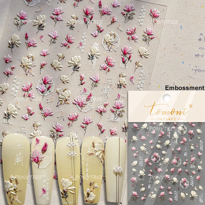 Flowers Blooming Cherry Blossom Sakura Living Peach Branch 5D Soft Relief Spring Adhesive Nail Art Sticker Chic Manicure Decals
