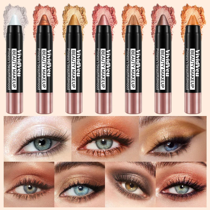 VividVeu 6 Colors Shimmer Earth Tone Eyeshadow Stick Set, Long-Lasting Cream Metallic Eye Shadow Pencil.