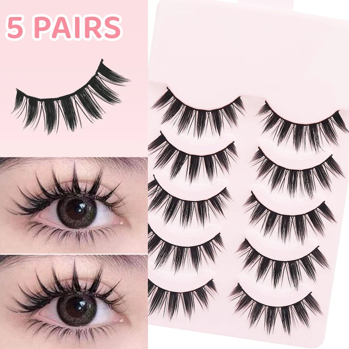 DINGSEN 5 Pairs Manga Lashes Eyes Lashes Soft Natural Long Eyelashes Fake Lashes Anime Wispy Strip False Eyelashes Makeup