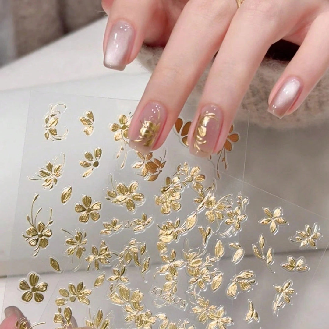 Vintage Golden Foil Nail Art Stickers - Embossed Peony Flower & Jade Leaf Design, Self-Adhesive, Single Use