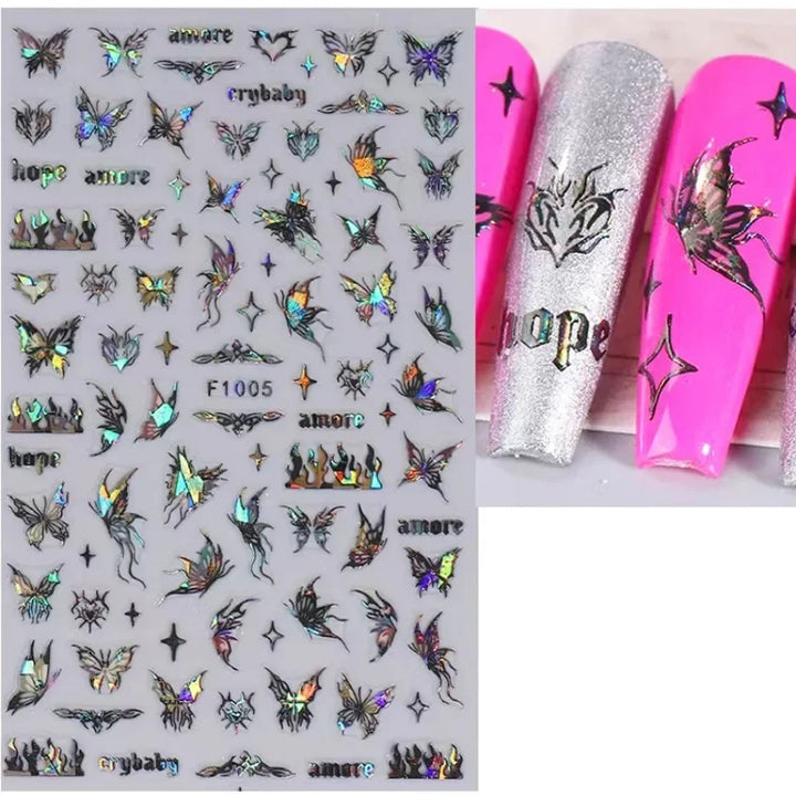 1PCS Black White Butterfly Laser Nail Stickers Y2K Nail Art Decoration Abstract Lines Bronzing Flowers Stickers For Nails