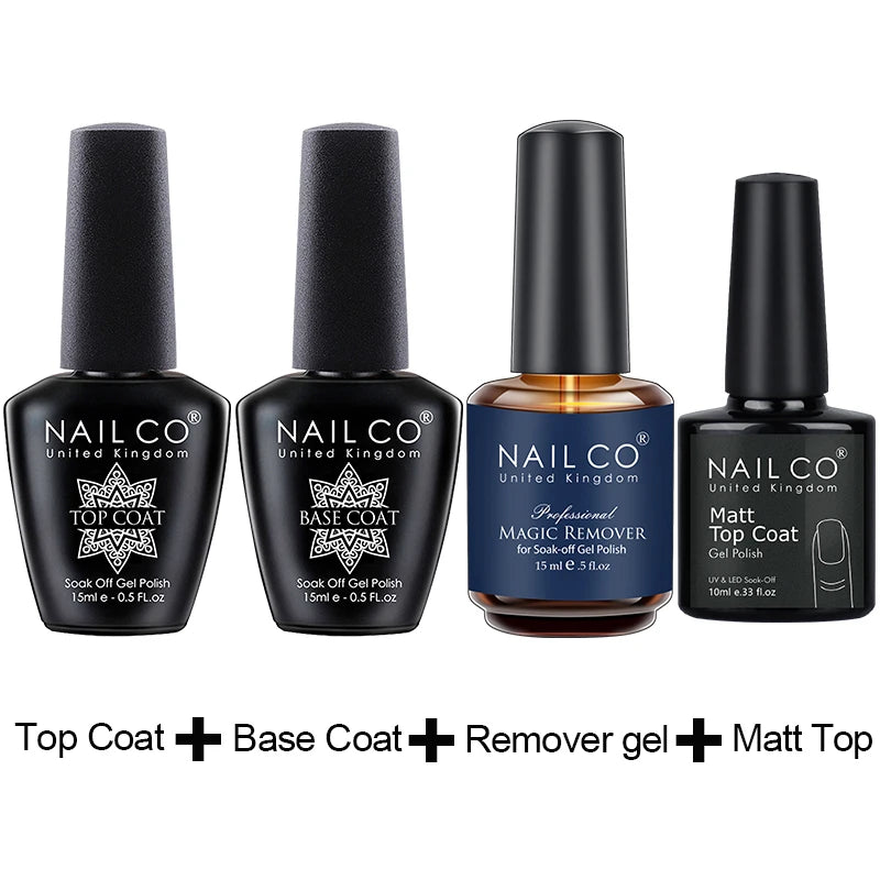 NAILCO 15ml Hema TPO Free No Wipe Top Base Coat Set Art Design Gel Nail Primer Soak Off UV Gel Nail Varnish Nail Remover Gel Kit
