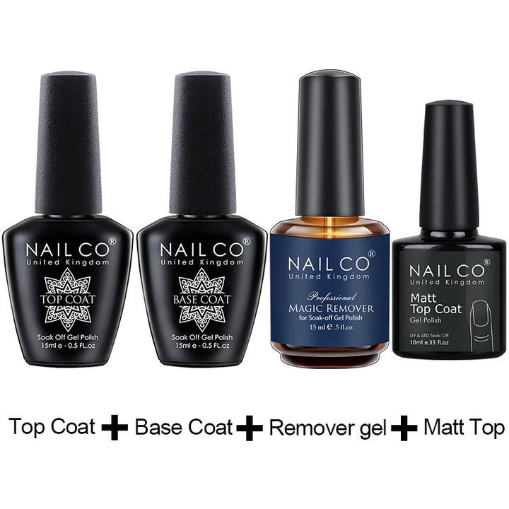 NAILCO 15ml Hema TPO Free No Wipe Top Base Coat Set Art Design Gel Nail Primer Soak Off UV Gel Nail Varnish Nail Remover Gel Kit