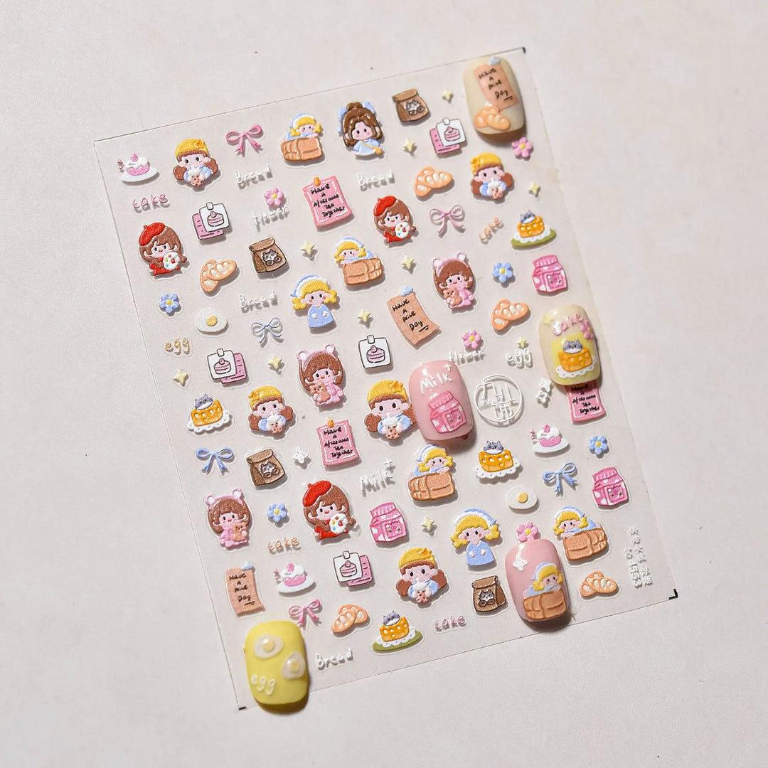 1PCS 5D Embossed Nail Sticker Cute Gray Cake Teddy Bear Bow Cartoon Nail Art Stickers Self Adhesive Nails Decorations Decals DlY