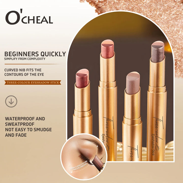 O'CHEAL Three Color Eye Shadow Stick Gradient Delicate Shiny Waterproof Glitter Eye Shadow Waterproof Long-Lasting Eye Cosmetics