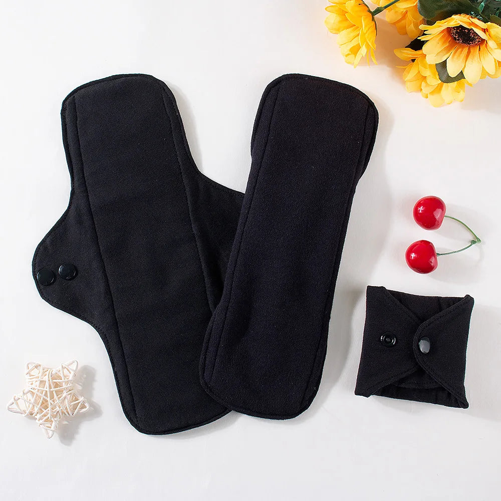 2pcs Balck Pure Cotton Sanitary Pad Ladies Reusable Cloth Menstruation Washable Menstrual Pads with Button Breathable Care Pads