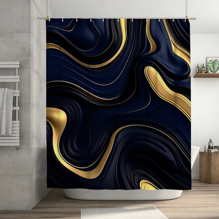 1/3 Piece Black Gold Bath Set - Ripple Shower Curtain with 12 Hooks, Non-Slip Mat and Toilet Seat, Modern Bathroom Decor