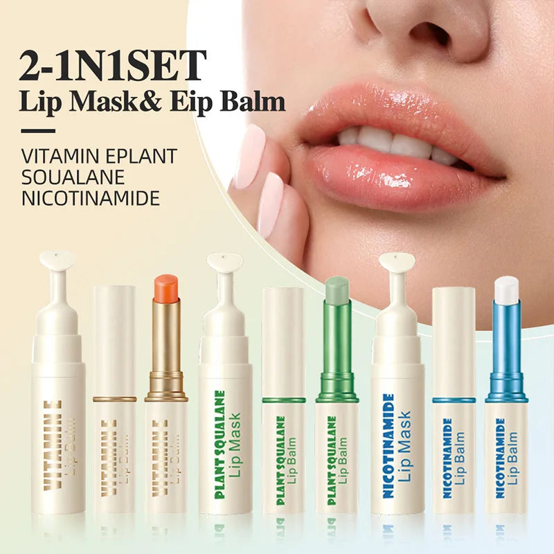 Dk'De Lip Balm+Lip Mask 2in1 Set |   Moisturizing, Soothing, and Long-Lasting Hydration |   3 Colors Available for Selection |   Night Repair Lip Wrinkle Reduction |   Daytime Lip Care to Prevent Chapped Lips