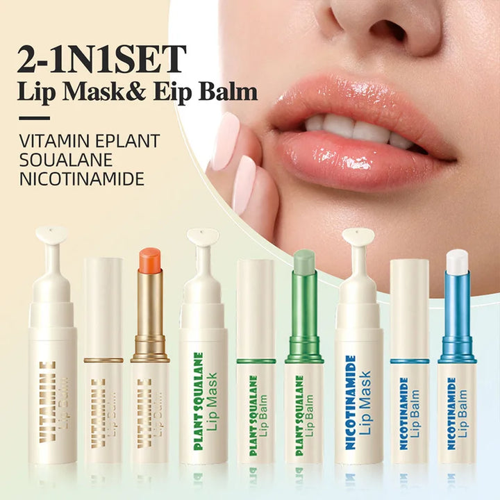 Dk'De Lip Balm+Lip Mask 2in1 Set |   Moisturizing, Soothing, and Long-Lasting Hydration |   3 Colors Available for Selection |   Night Repair Lip Wrinkle Reduction |   Daytime Lip Care to Prevent Chapped Lips