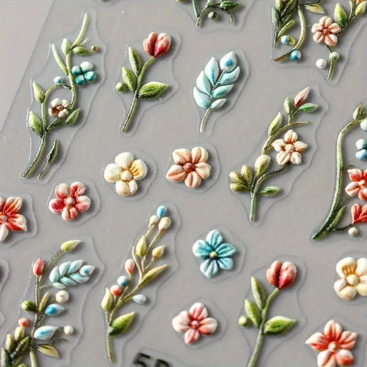 5D Embossed Green Vine Floral Nail Stickers - Matte Finish Self-Adhesive Nail Art Decals with Cartoon-Style Flowers