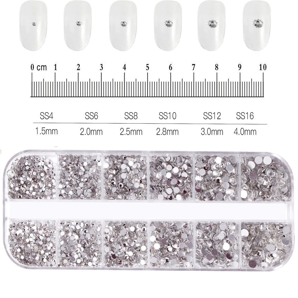 1.5mm-5mm Champagne Glass Crystal Nail Art Gems 12grids Flatback SS4-SS16 Mixed Nail Art Rhinestone Non-Hotfix Diamond Nail Deco