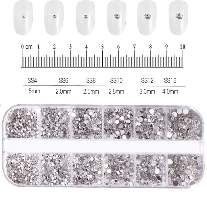1.5mm-5mm Champagne Glass Crystal Nail Art Gems 12grids Flatback SS4-SS16 Mixed Nail Art Rhinestone Non-Hotfix Diamond Nail Deco