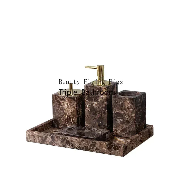Emperador Dark Natural Marble Bathroom Set Brown Luxury Toothbrush Holder Soap Dish Soap Dispenser Bathroom Accessories