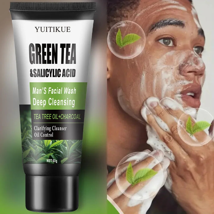 YUITIKUE Men's Facial Wash 60g - Green Tea & Salicylic Acid, Deep Cleansing, Oil Control, Tea Tree & Charcoal, For Men