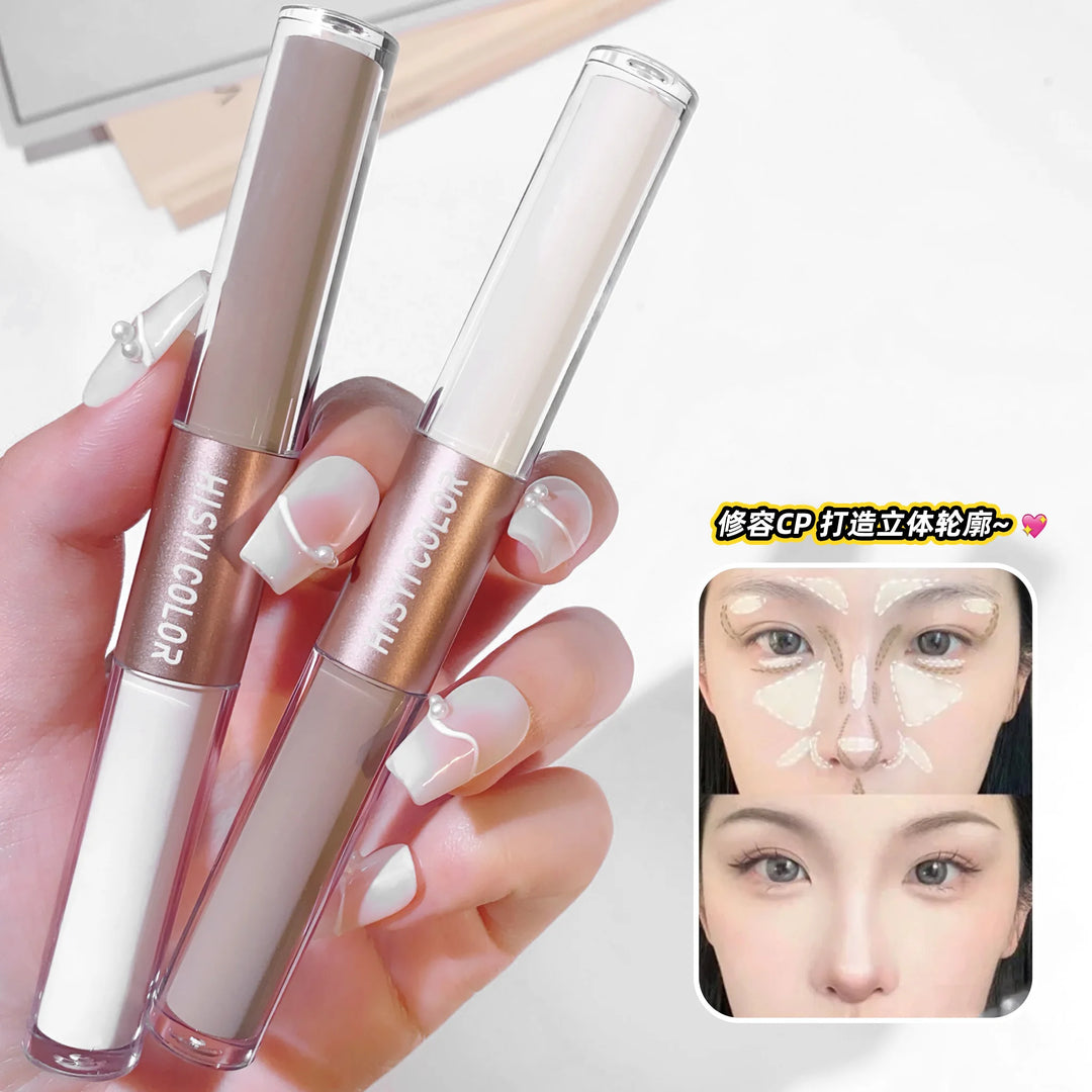 The dual-head highlighter brightens the complexion, regulates facial contours, and is long-lasting and waterproof