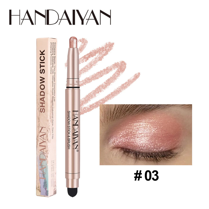 12 Colors Waterproof Eyeshadow Stick Long Lasting Metallic Shimmer Highlighter Cream Pen with Brush Double Head