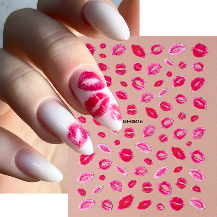 5D Embossed Sexy Red/Pink Lips Nail Stickers Self-Adhesive Blooming Red Lips Nail Decal Romantic Luxy Lady Lips Manicure Slider