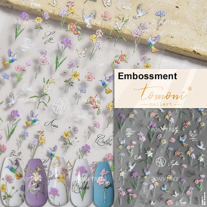 Flowers Blooming Cherry Blossom Sakura Living Peach Branch 5D Soft Relief Spring Adhesive Nail Art Sticker Chic Manicure Decals