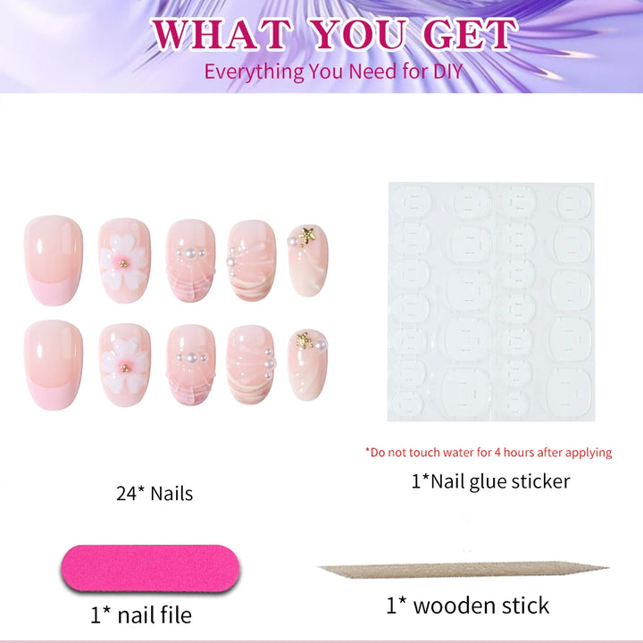 24pcs Short Oval 3D Gel Nail Stickers, Create Pearl Flower Nail Art, French Acrylic Press-On Nails, Short Size Perfectly Fit Fal