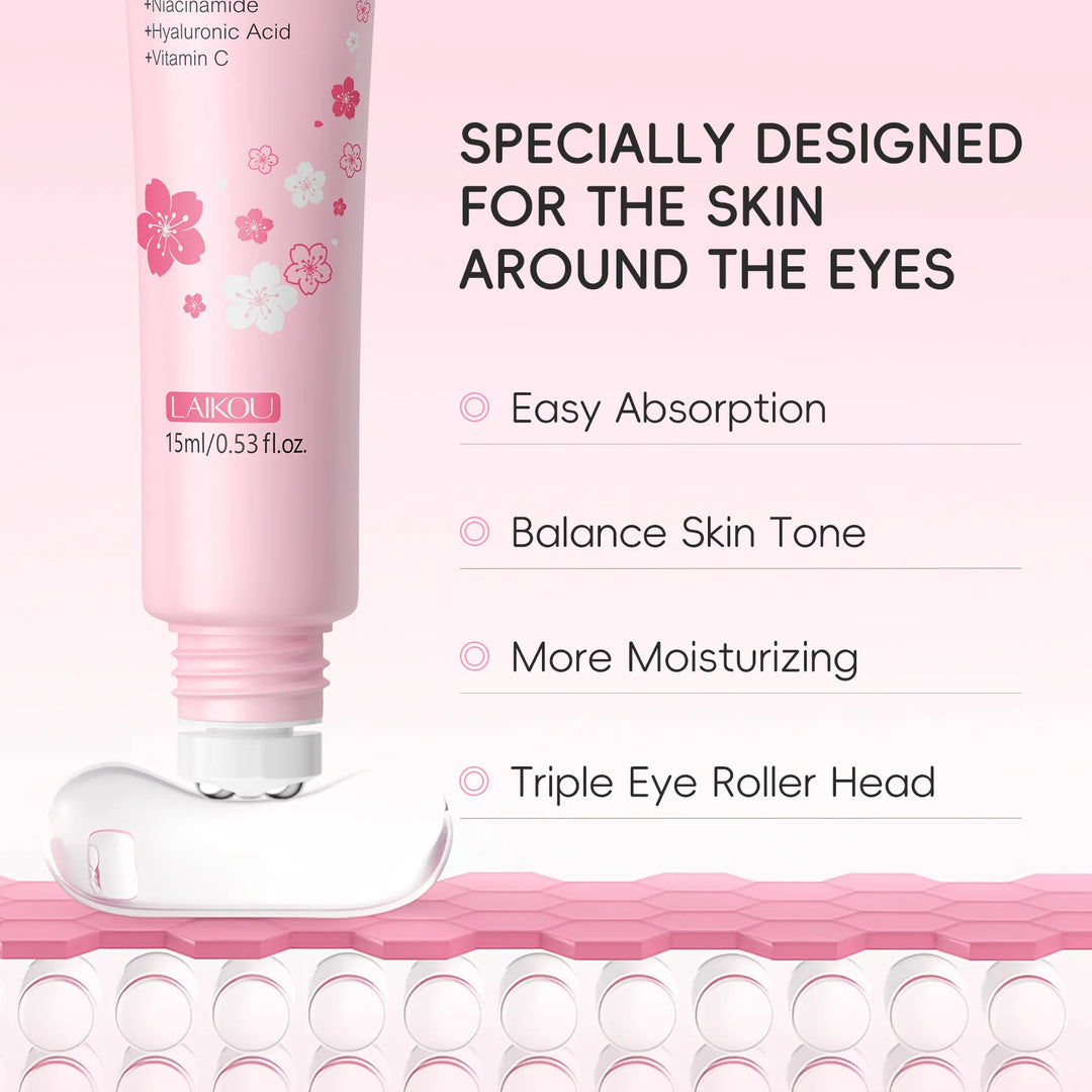 LAIKOU Sakura Eye Serum Roller Massage Hyaluronic Acid Skin Care Eye Bags Cream Moisturizing Dark Circles 15ml