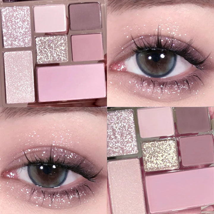 Seven-color eyeshadow palette in earth tones with shimmer, glitter, matte, and pearl finishes, waterproof, and playful