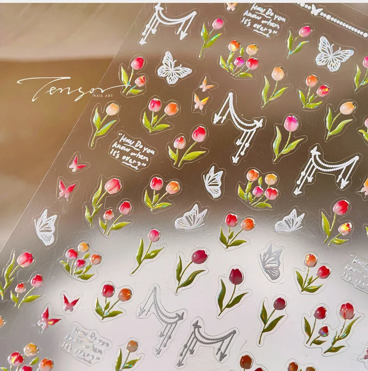 Lace Garden Bowknot Bow Tie Rose Flower Petal Pearl Irregular Border Self Adhesive 5D Nail Art Decoration Sticker Manicure Decal