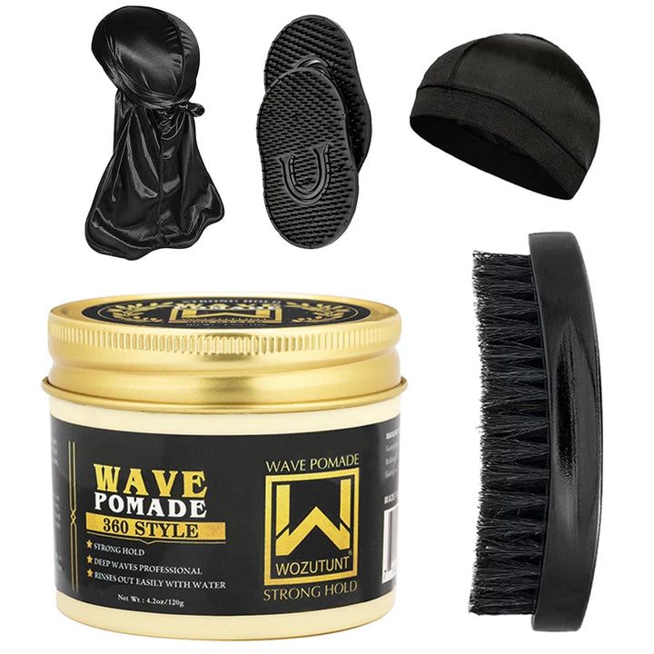 Shea Butter Wave Control Pomade Kit 360 Style Strong Hold Long Lasting Curly Hair Cream With Brush Silk Rag Cap Tool Accessony