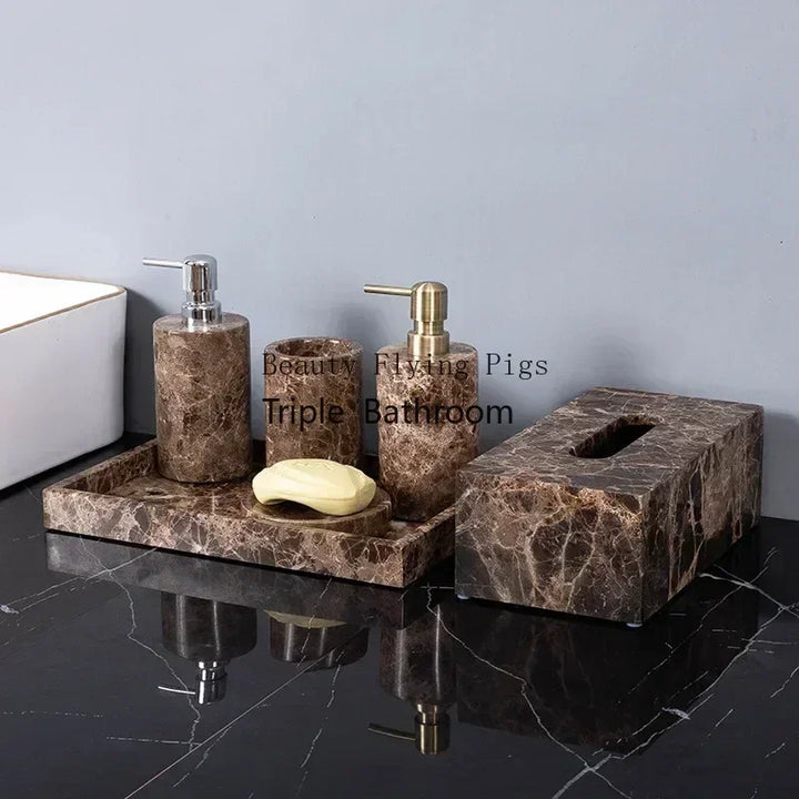 Emperador Dark Natural Marble Bathroom Set Brown Luxury Toothbrush Holder Soap Dish Soap Dispenser Bathroom Accessories