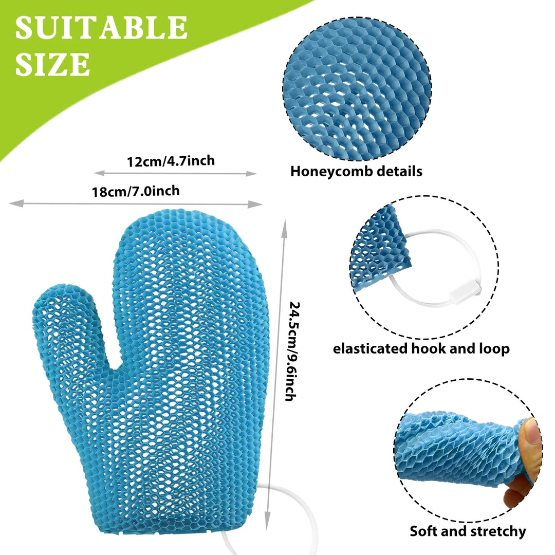 Exfoliating shower glove with colorful honeycomb weave and TPU high elasticity antibacterial material - gentle, safe and durable